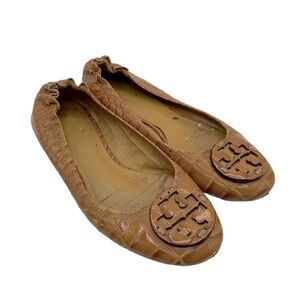 Tory Burch Limited Edition Embossed Croc Patent Leather Mustard Flats Si…